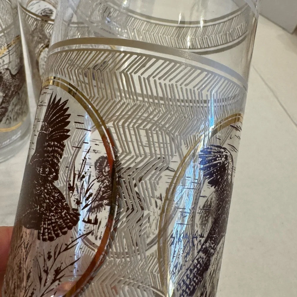 3 VTG 1970s MCM Libbey Highball Pheasant Glasses Game birds Brown Gold